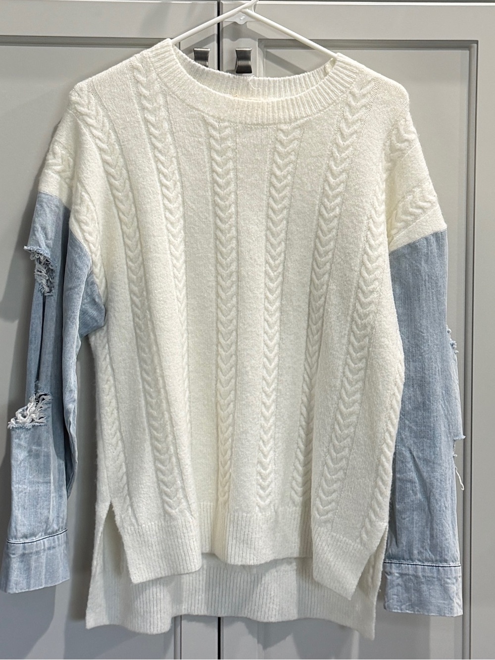 Mazik Ivory Cable-Knit Sweater with Light Blue Denim Worn/Ripped Sleeve Detail